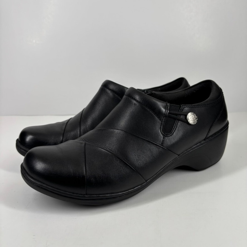 Clarks Channing Ann Women's US 11W Black Leather Comfort Slip-On Wedge Loafers
